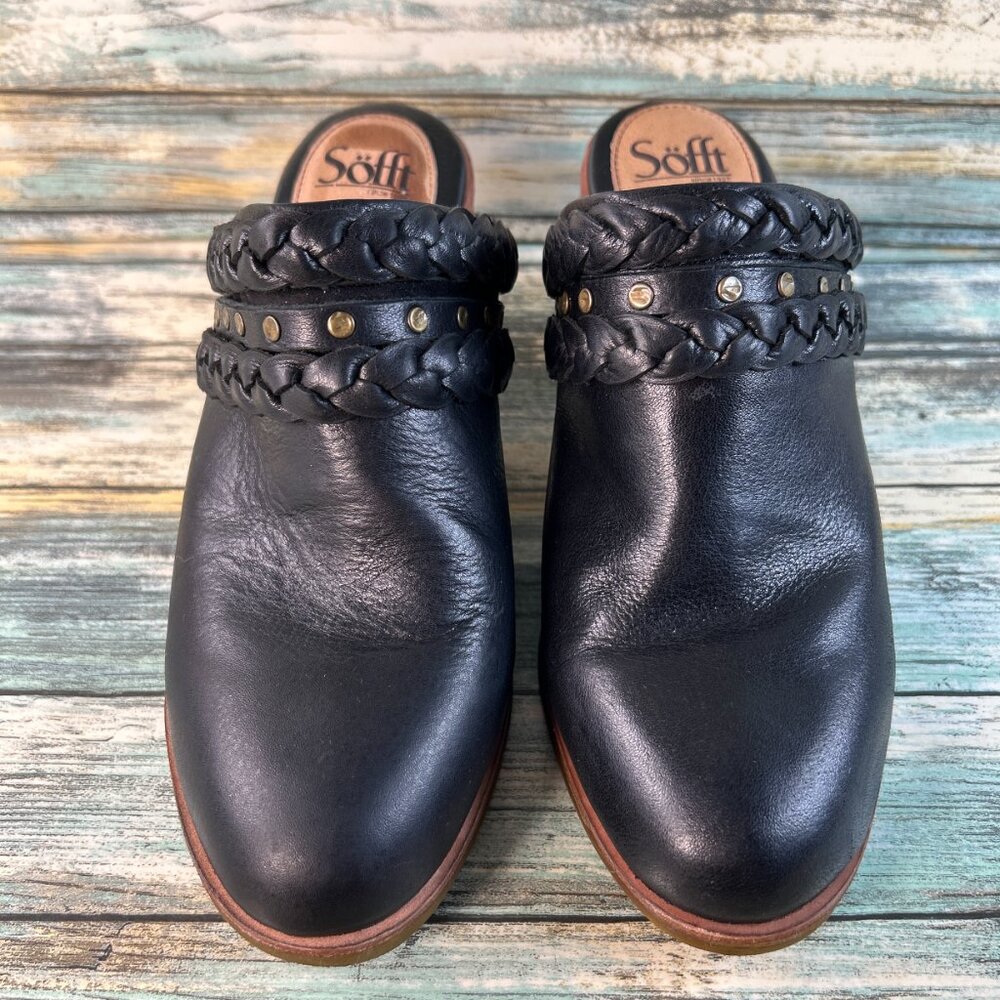 Sofft Mules Womens Size 9.5M Black Leather Western Heeled Clogs Dress Shoes